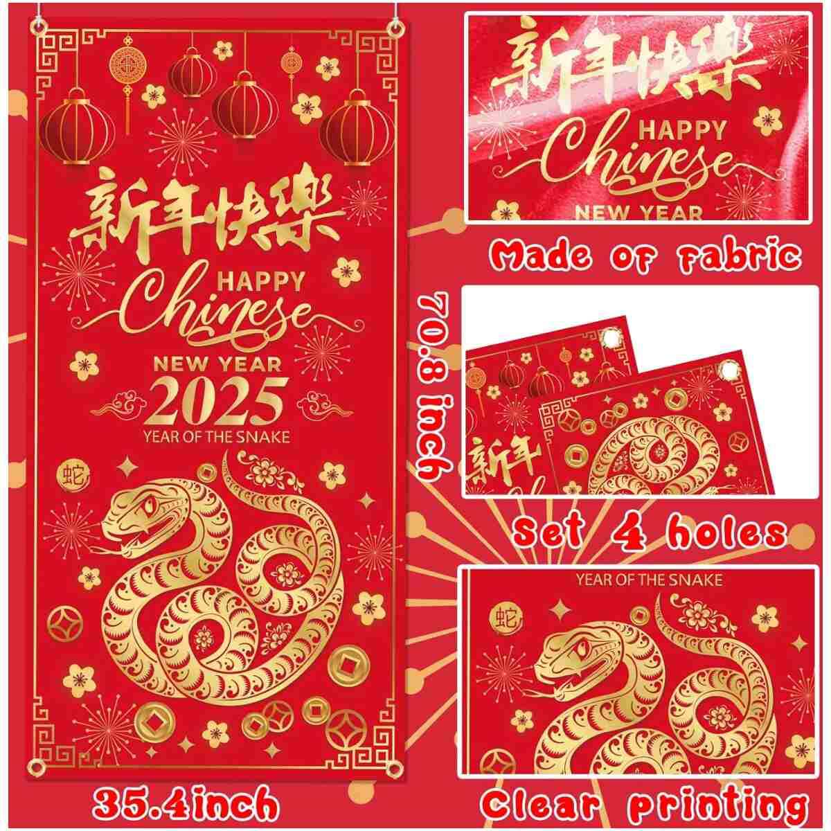 Chinese New Year Decoration 2025 Happy New Year Door Cover of The Snake 2025 Hanging Door Banner for Chinese New Year Door Decoration, New Year Eve Party Supplies