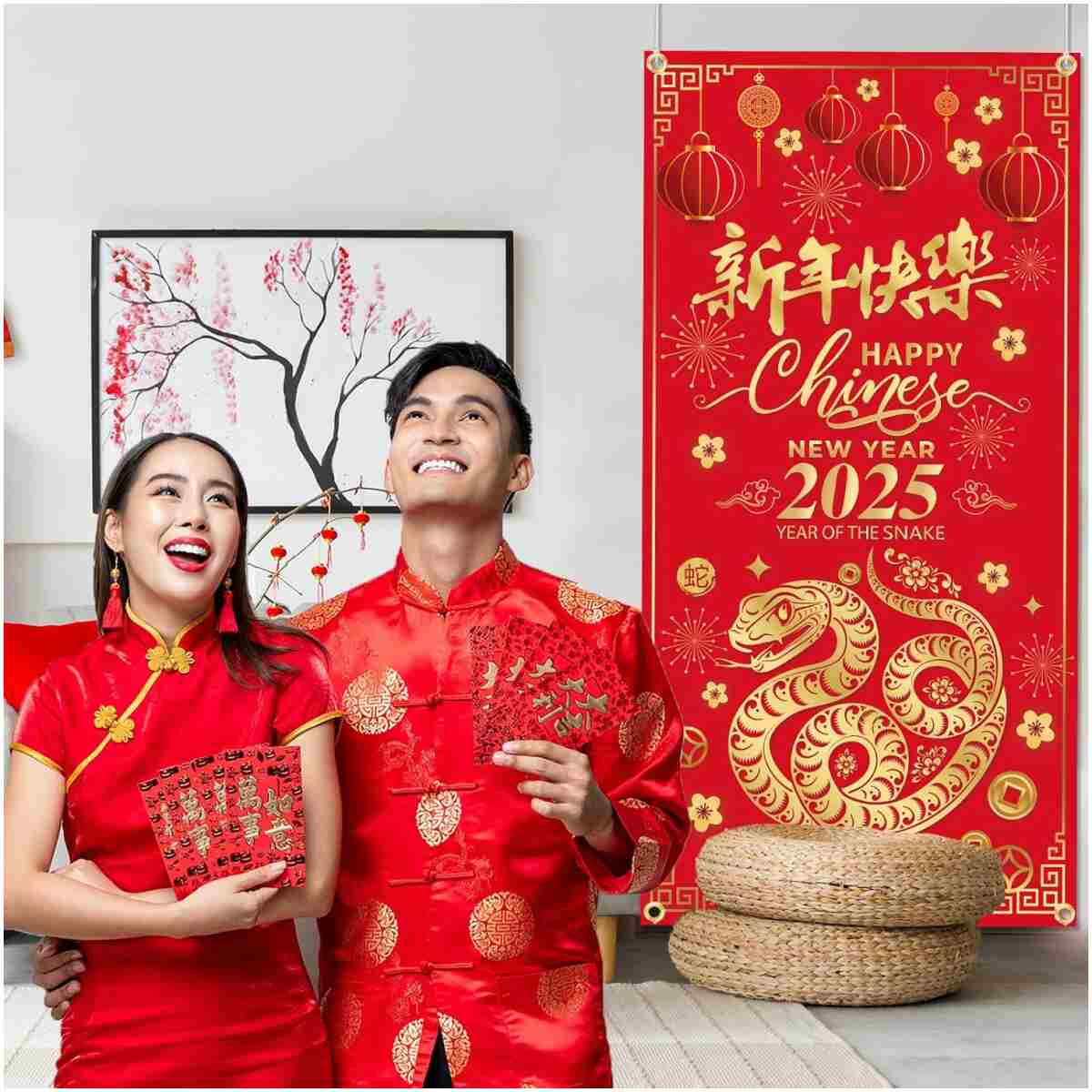 Chinese New Year Decoration 2025 Happy New Year Door Cover of The Snake 2025 Hanging Door Banner for Chinese New Year Door Decoration, New Year Eve Party Supplies