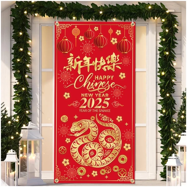 Chinese New Year Decoration 2025 Happy New Year Door Cover of The Snake 2025 Hanging Door Banner for Chinese New Year Door Decoration, New Year Eve Party Supplies