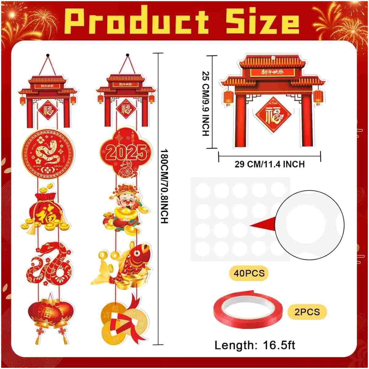 Chinese New Year Decoration 2025,Year of the Snake 2025 Decorations Lunar New Year Decorations Spring Festival Couplets Lunar Porch Hanging Sign Banner Ornaments Party Supplies