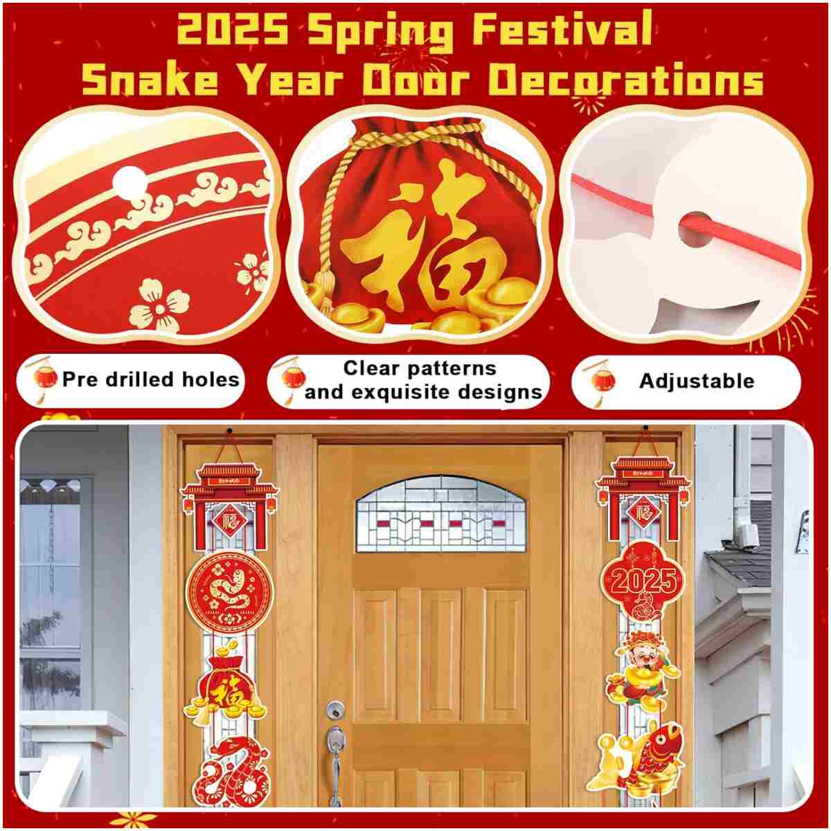Chinese New Year Decoration 2025,Year of the Snake 2025 Decorations Lunar New Year Decorations Spring Festival Couplets Lunar Porch Hanging Sign Banner Ornaments Party Supplies