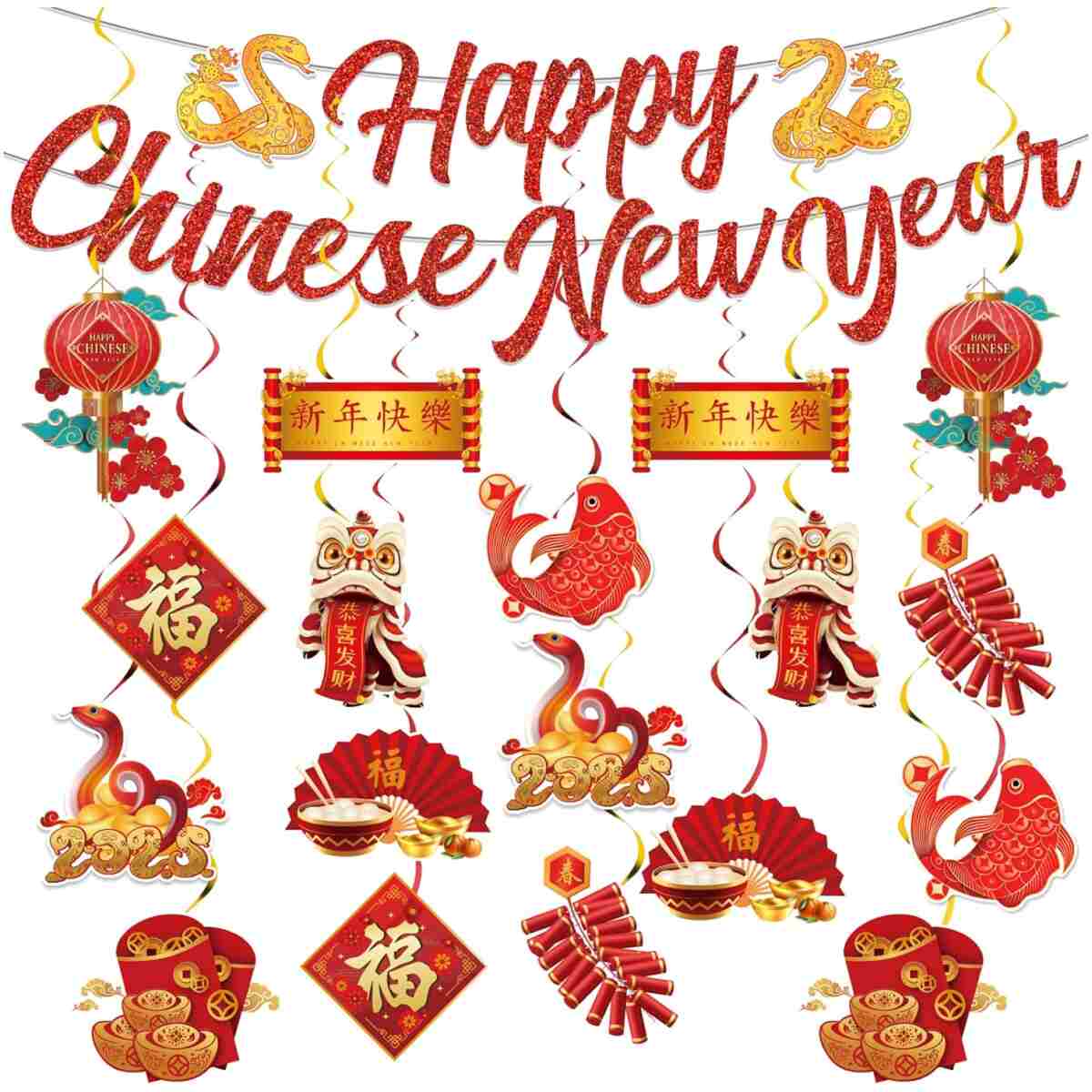 Chinese New Year Decorations 2025, 19Pcs Lunar New Year Decorations Spring Festival Hanging Swirls,Chinese Snake Decorations Red Ceiling Hanging Supplies for Chinese New Year...