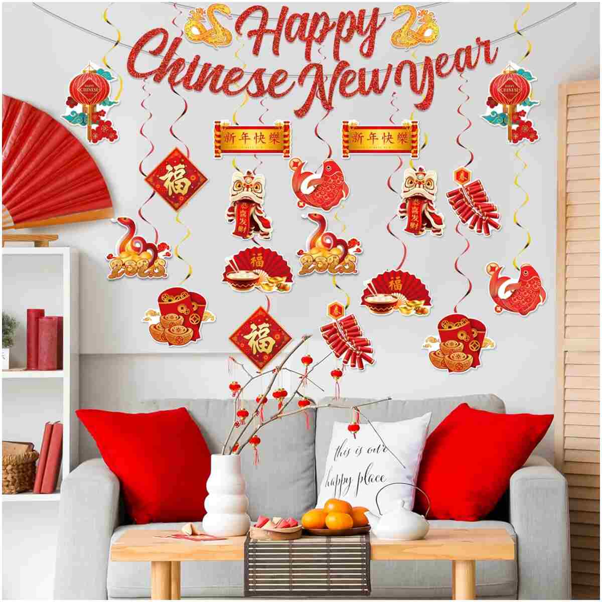 Chinese New Year Decorations 2025, 19Pcs Lunar New Year Decorations Spring Festival Hanging Swirls,Chinese Snake Decorations Red Ceiling Hanging Supplies for Chinese New Year...
