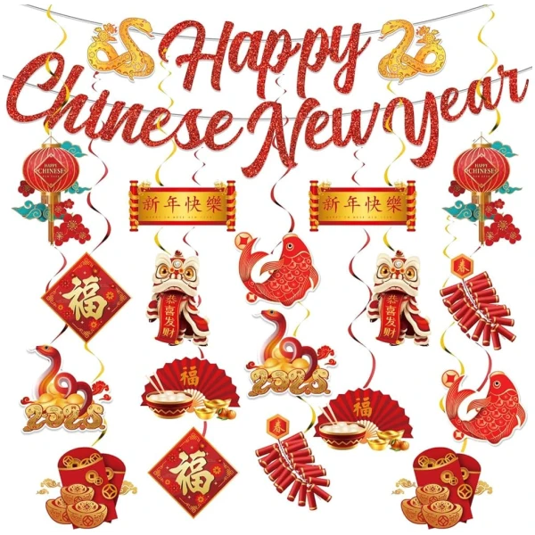 Chinese New Year Decorations 2025, 19Pcs Lunar New Year Decorations Spring Festival Hanging Swirls,Chinese Snake Decorations Red Ceiling Hanging Supplies for Chinese New Year...