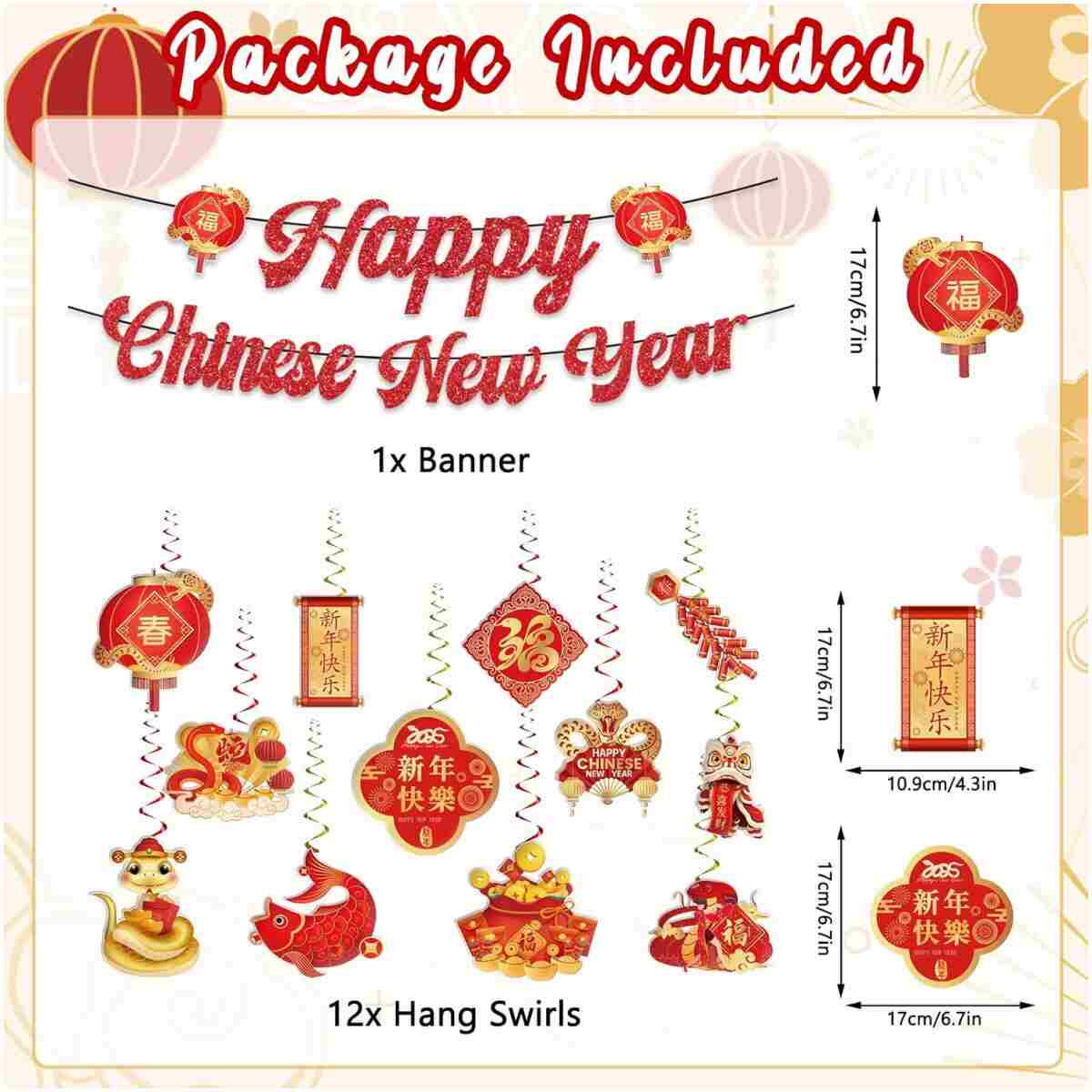 Chinese New Year Decorations 2025, Happy Chinese New Year Banner, Lunar New Year Decorations with Hanging Swirls, The Year of The Snake, Lunar New Year Banners, Spring Festival...
