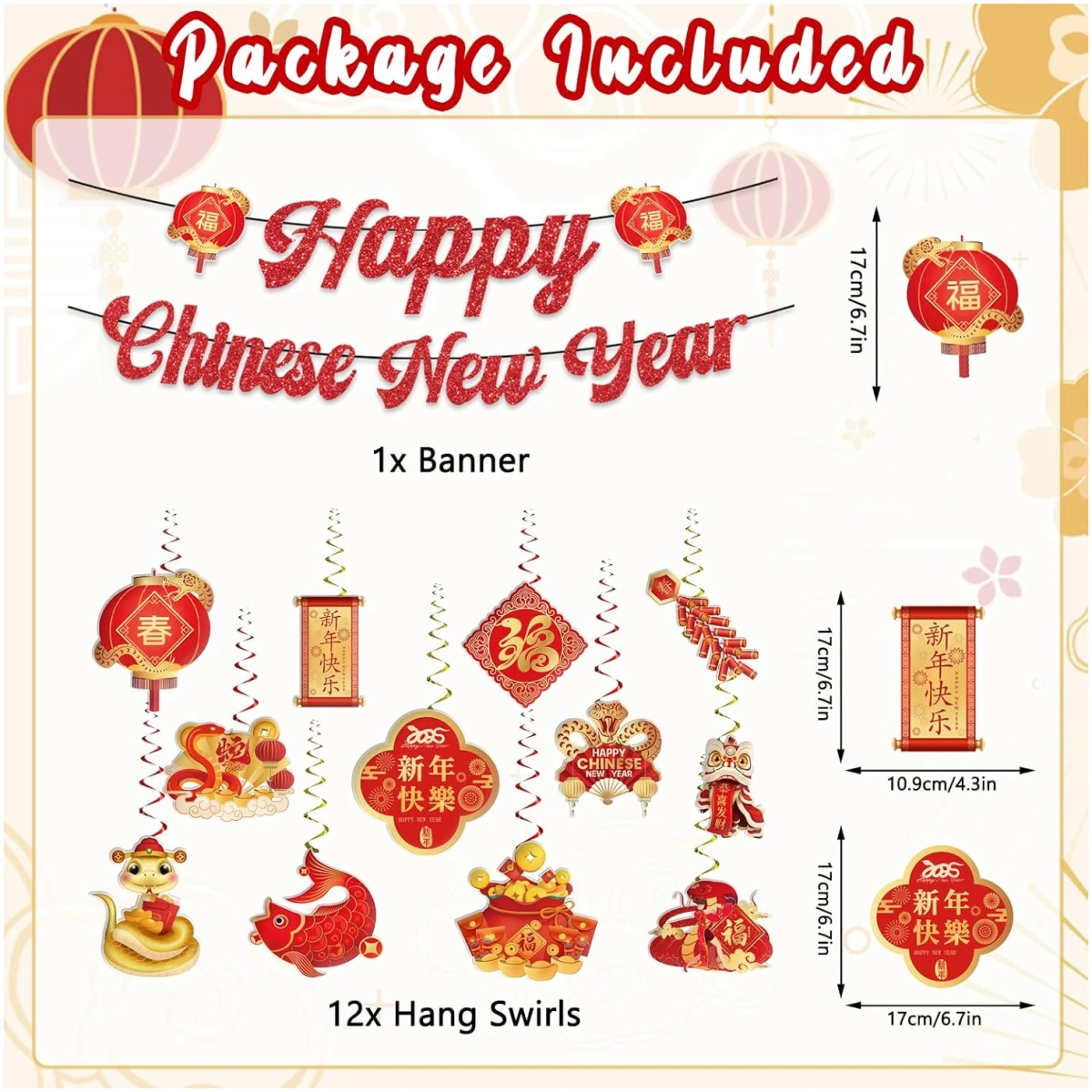 Chinese New Year Decorations 2025, Happy Chinese New Year Banner, Lunar New Year Decorations with Hanging Swirls, The Year of The Snake, Lunar New Year Banners, Spring Festival...