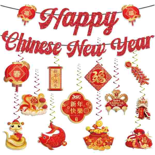 Chinese New Year Decorations 2025, Happy Chinese New Year Banner, Lunar New Year Decorations with Hanging Swirls, The Year of The Snake, Lunar New Year Banners, Spring Festival...
