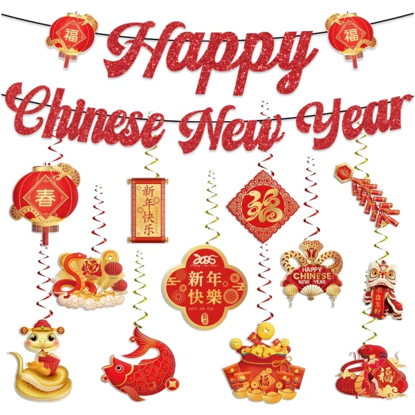 Chinese New Year Decorations 2025, Happy Chinese New Year Banner, Lunar New Year Decorations with Hanging Swirls, The Year of The Snake, Lunar New Year Banners, Spring Festival...