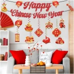 Chinese New Year Decorations 2025, Happy Chinese New Year Banner, Lunar New Year Decorations with Hanging Swirls, The Year of The Snake, Lunar New Year Banners, Spring Festival...