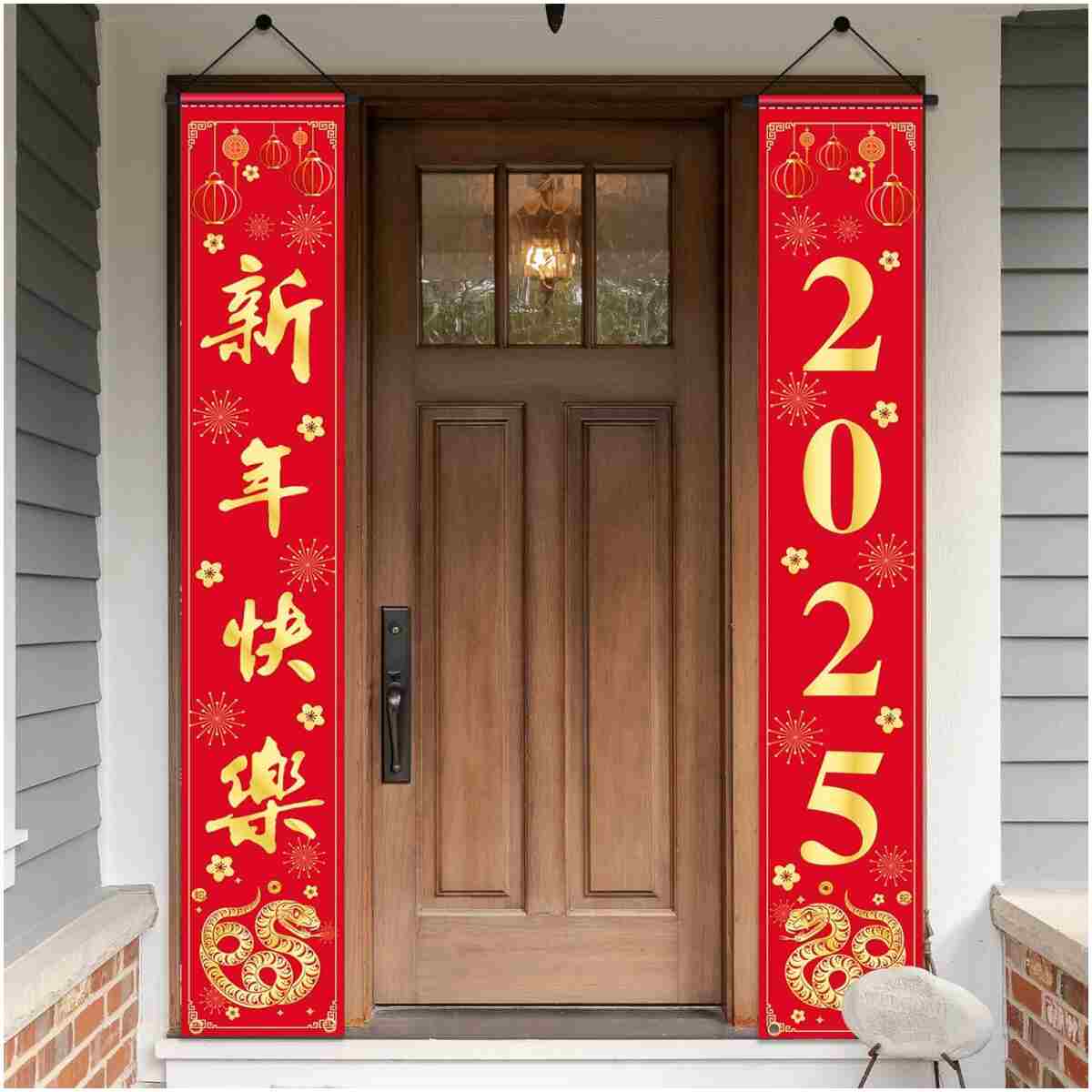Chinese New Year Decorations 2025, Happy New Year Banner Red Golden Snake Door Hanging Cover Front Porch Sign Banner of Snake 2025 for Kids Countdown Chinese New Years Eve...