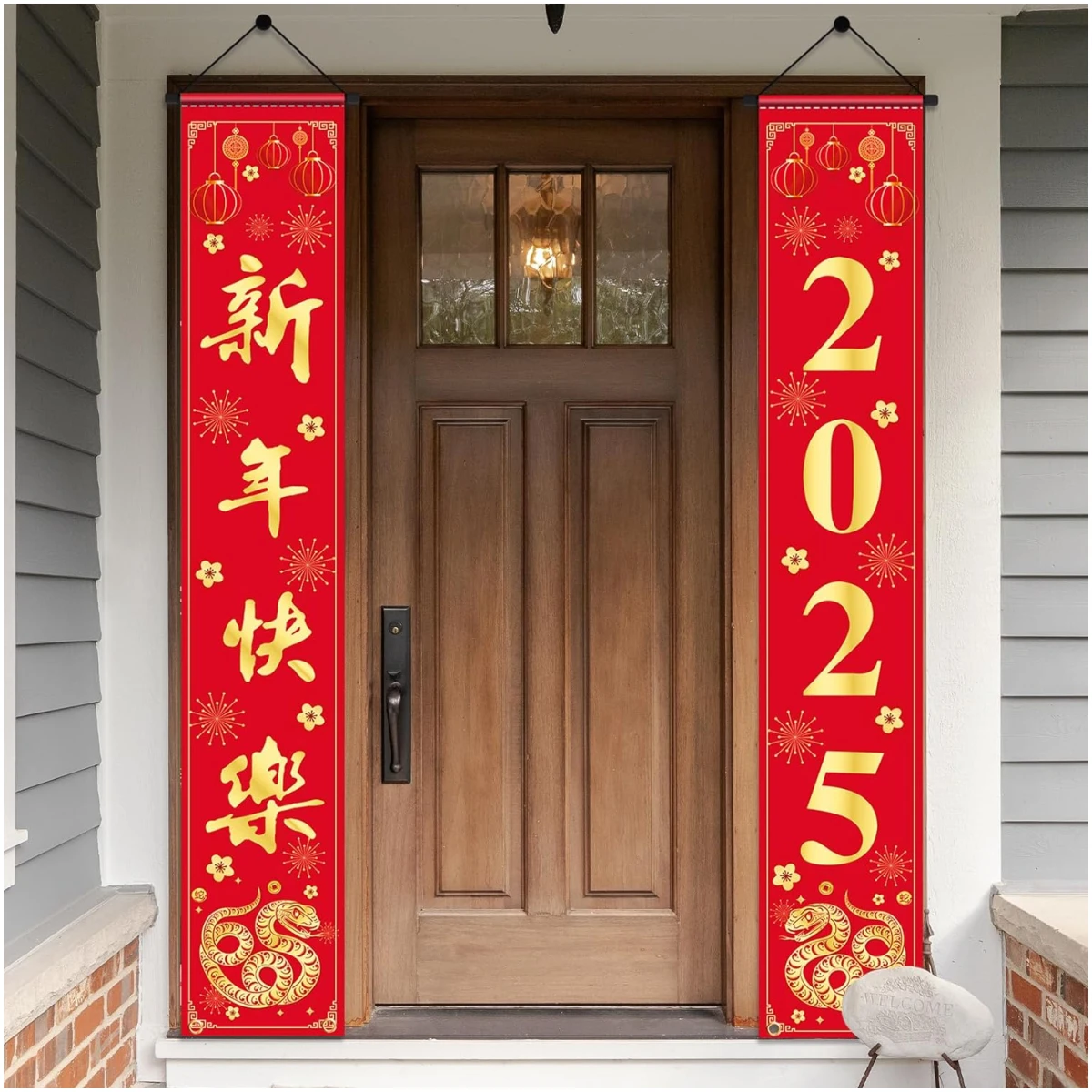 Chinese New Year Decorations 2025, Happy New Year Banner Red Golden Snake Door Hanging Cover Front Porch Sign Banner of Snake 2025 for Kids Countdown Chinese New Years Eve...