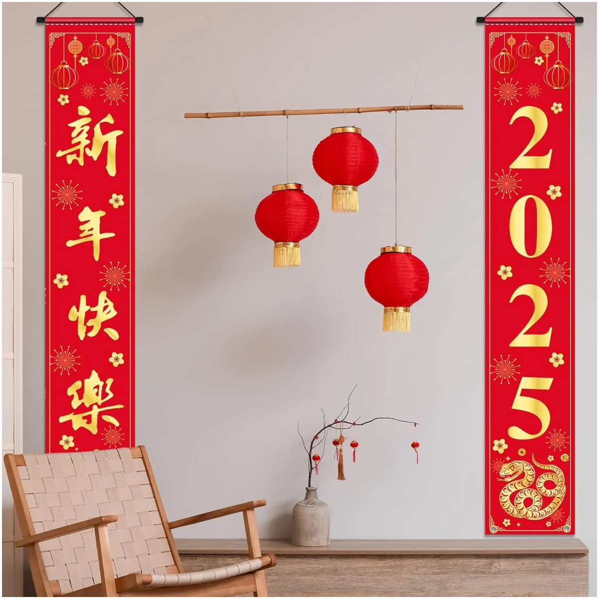Chinese New Year Decorations 2025, Happy New Year Banner Red Golden Snake Door Hanging Cover Front Porch Sign Banner of Snake 2025 for Kids Countdown Chinese New Years Eve...