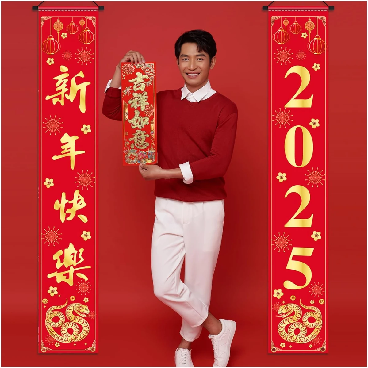 Chinese New Year Decorations 2025, Happy New Year Banner Red Golden Snake Door Hanging Cover Front Porch Sign Banner of Snake 2025 for Kids Countdown Chinese New Years Eve...