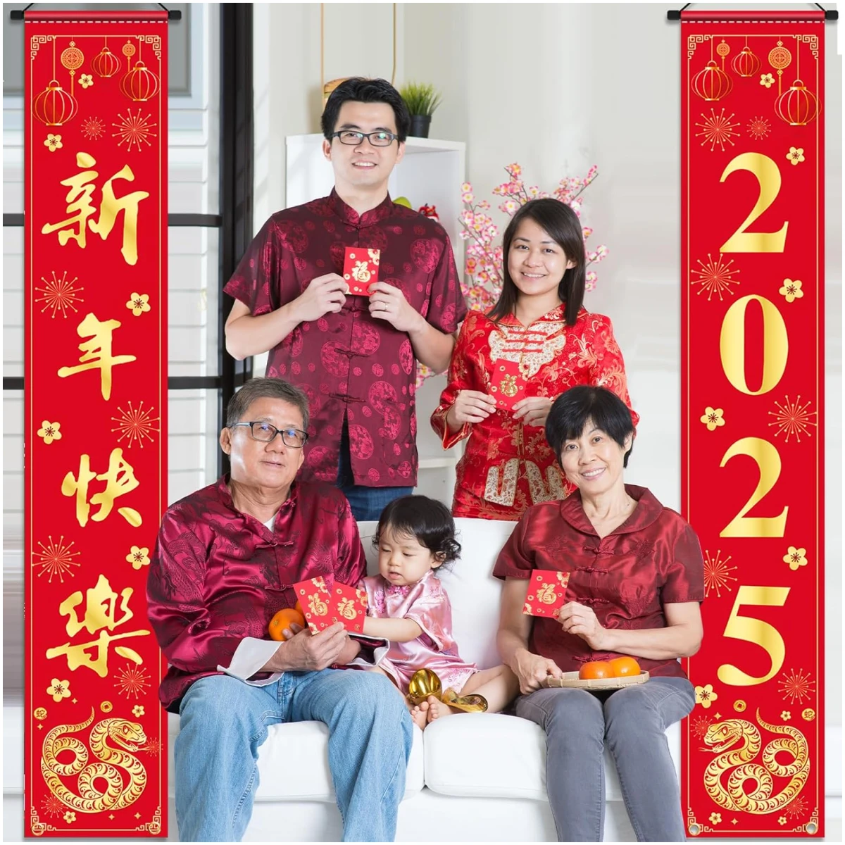 Chinese New Year Decorations 2025, Happy New Year Banner Red Golden Snake Door Hanging Cover Front Porch Sign Banner of Snake 2025 for Kids Countdown Chinese New Years Eve...