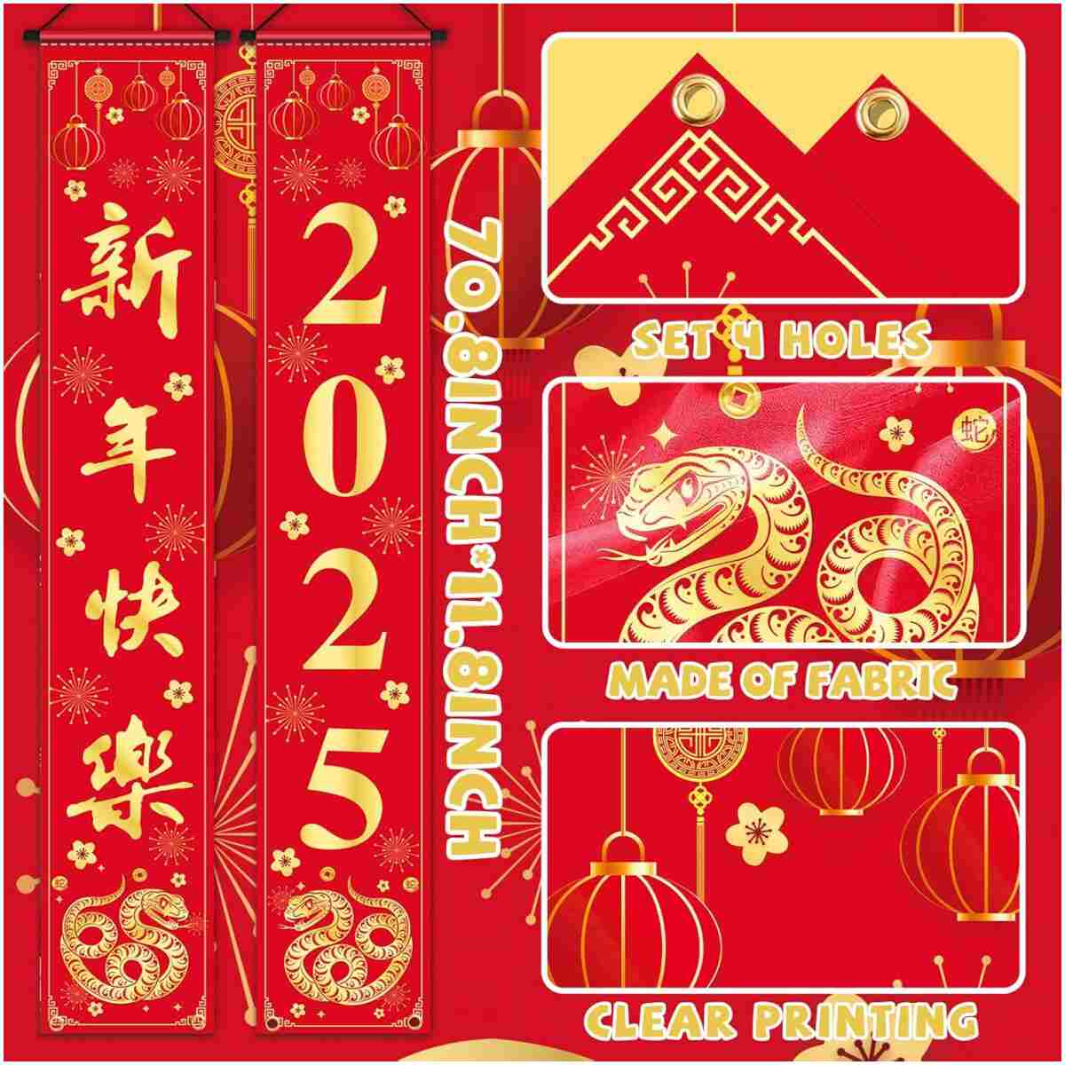 Chinese New Year Decorations 2025, Happy New Year Banner Red Golden Snake Door Hanging Cover Front Porch Sign Banner of Snake 2025 for Kids Countdown Chinese New Years Eve...