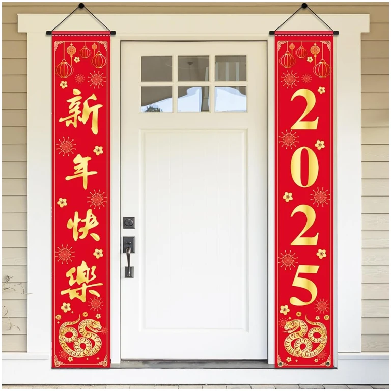 Chinese New Year Decorations 2025, Happy New Year Banner Red Golden Snake Door Hanging Cover Front Porch Sign Banner of Snake 2025 for Kids Countdown Chinese New Years Eve...