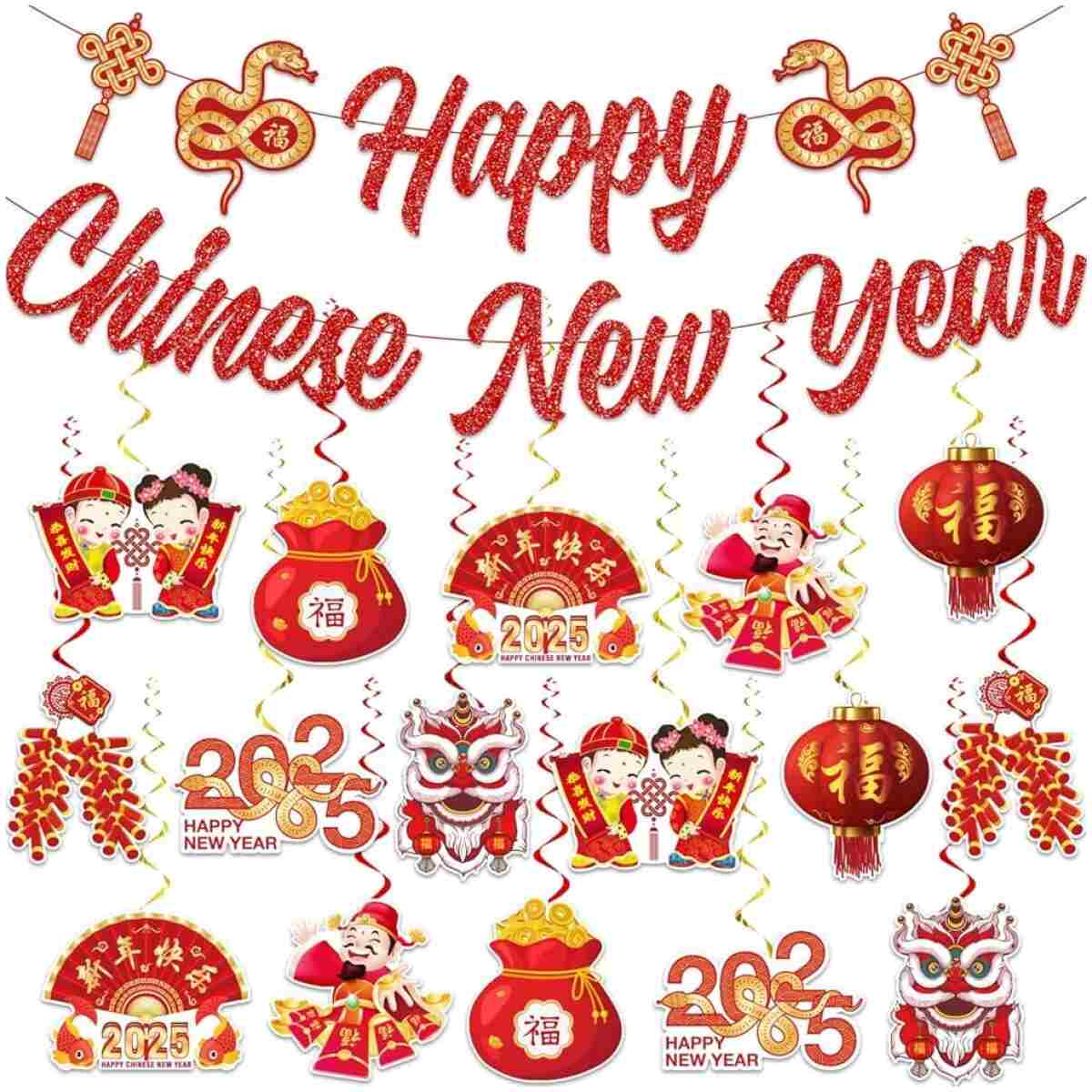 Chinese New Year Decorations 2025,include 1 No Diy Chinese New Year Banner and 16 Pcs Chinese New Year Hanging Decorations,Lunar New Year Decorations 2025 for Lunar Year Spring...