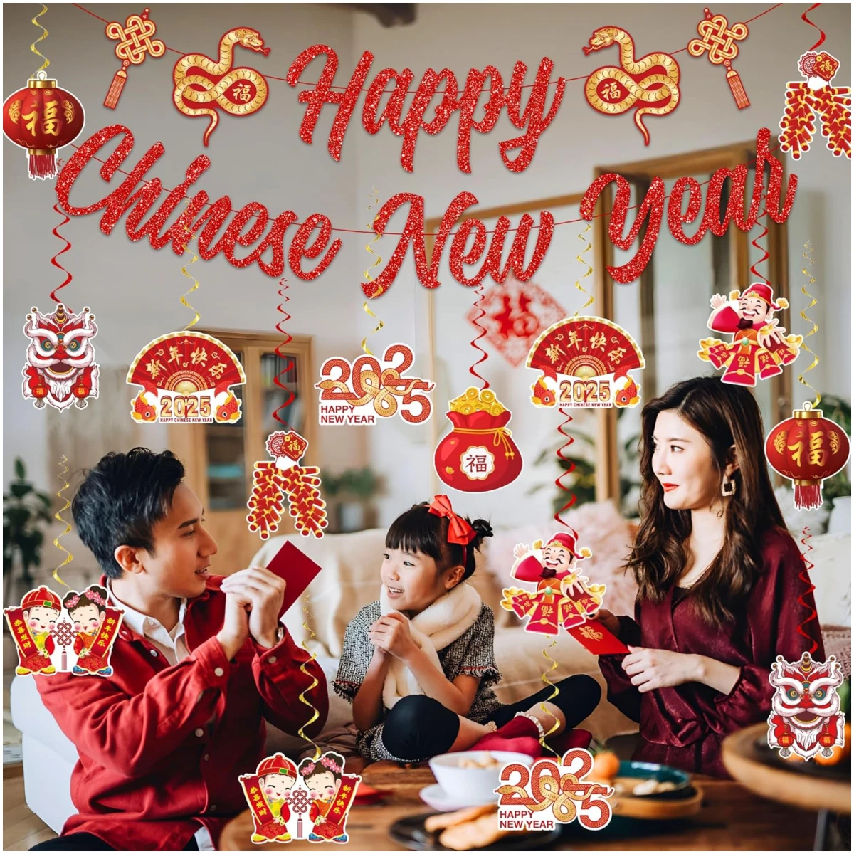 Chinese New Year Decorations 2025,include 1 No Diy Chinese New Year Banner and 16 Pcs Chinese New Year Hanging Decorations,Lunar New Year Decorations 2025 for Lunar Year Spring...