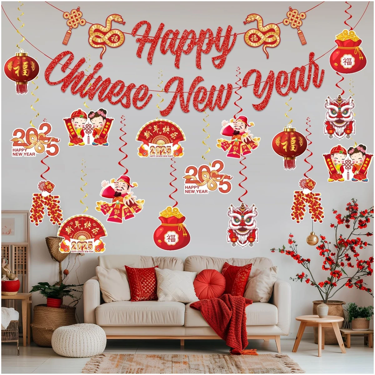 Chinese New Year Decorations 2025,include 1 No Diy Chinese New Year Banner and 16 Pcs Chinese New Year Hanging Decorations,Lunar New Year Decorations 2025 for Lunar Year Spring...