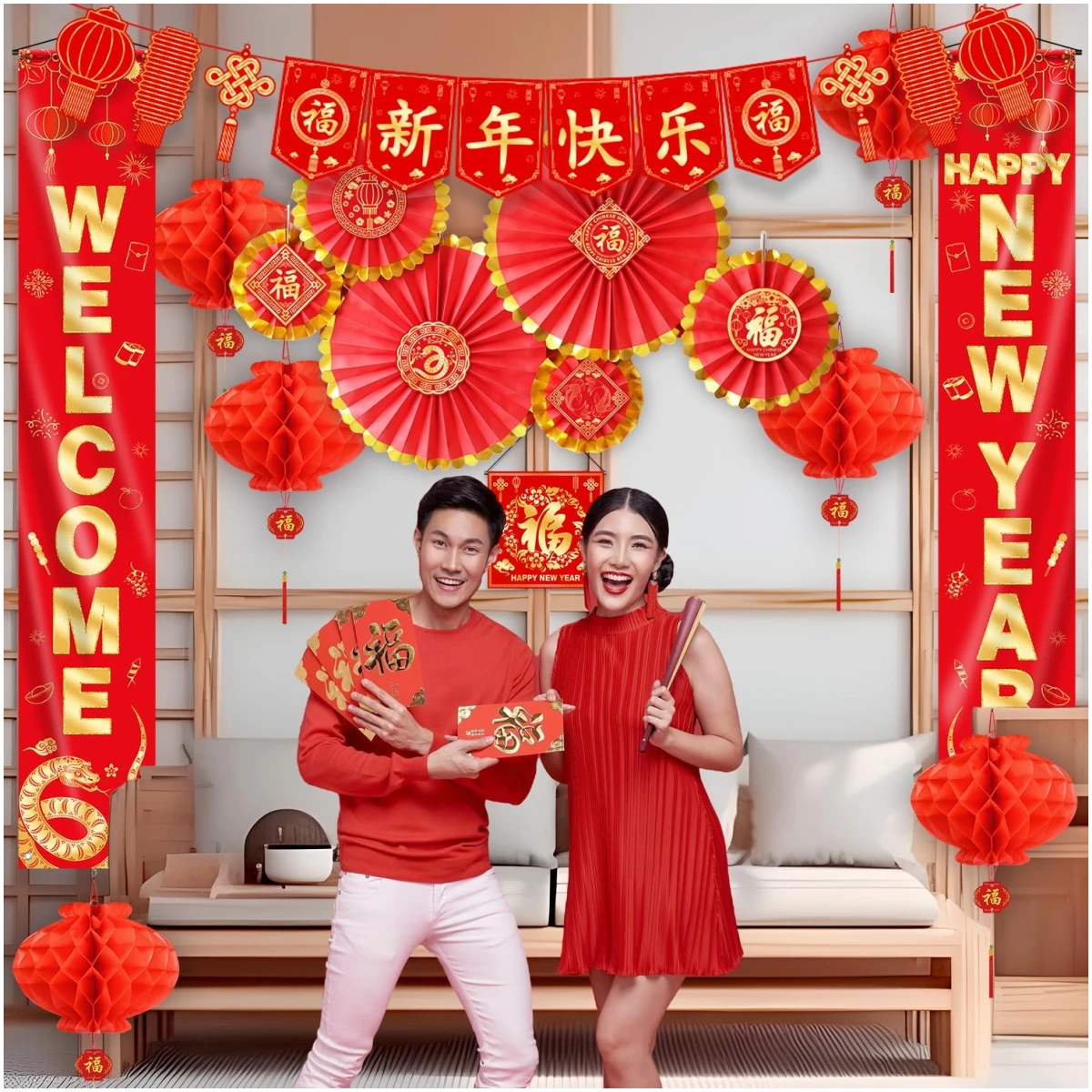Chinese New Year Decorations 2025, Lunar New Year Decorations, Lunar New Year Banner, Lucky Paper Fans, Lunar New Year Decorations 2025