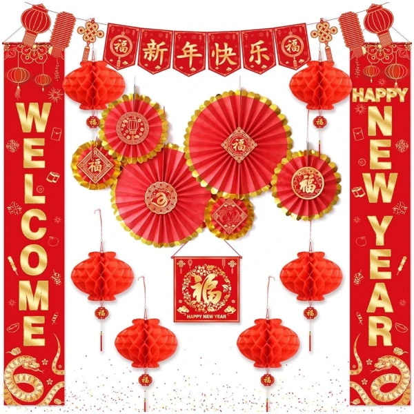 Chinese New Year Decorations 2025, Lunar New Year Decorations, Lunar New Year Banner, Lucky Paper Fans, Lunar New Year Decorations 2025