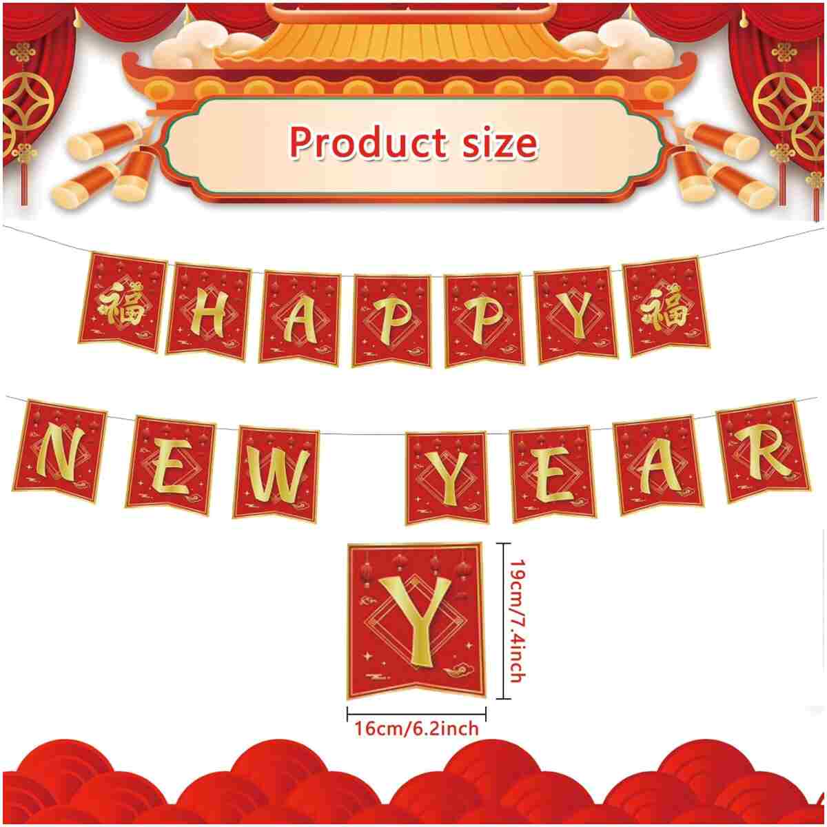 Chinese New Year Decorations 2025,Red Gold 16.4Ft Happy Lunar New Year Banner New Year Decorations 2025 Spring Festival Flag Bunting Garland NYE Eve Party Decorations Backdrop...