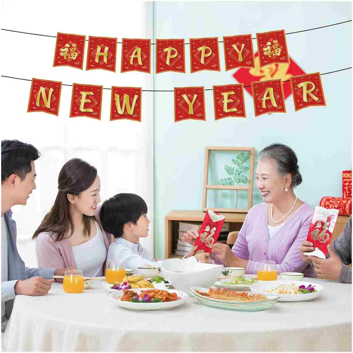 Chinese New Year Decorations 2025,Red Gold 16.4Ft Happy Lunar New Year Banner New Year Decorations 2025 Spring Festival Flag Bunting Garland NYE Eve Party Decorations Backdrop...