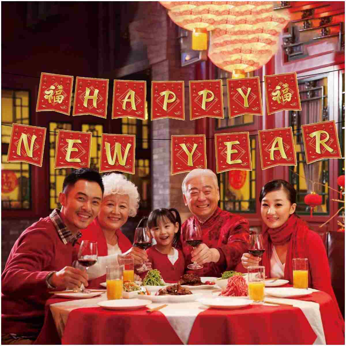 Chinese New Year Decorations 2025,Red Gold 16.4Ft Happy Lunar New Year Banner New Year Decorations 2025 Spring Festival Flag Bunting Garland NYE Eve Party Decorations Backdrop...