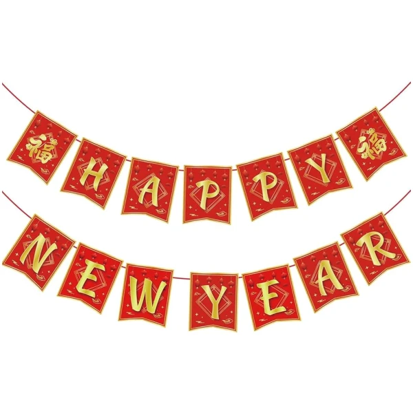 Chinese New Year Decorations 2025,Red Gold 16.4Ft Happy Lunar New Year Banner New Year Decorations 2025 Spring Festival Flag Bunting Garland NYE Eve Party Decorations Backdrop...