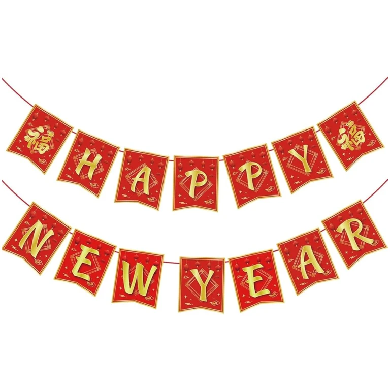 Chinese New Year Decorations 2025,Red Gold 16.4Ft Happy Lunar New Year Banner New Year Decorations 2025 Spring Festival Flag Bunting Garland NYE Eve Party Decorations Backdrop...