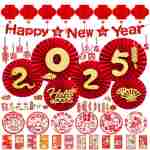 Chinese New Year Decorations 2025 Spring Festival Hanging Ornaments Paper Fans Red Lantern Happy New Year Banner Red Envelopes Chinese Fu Character Stickers for Lunar New Year...