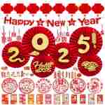 Chinese New Year Decorations 2025 Spring Festival Hanging Ornaments Paper Fans Red Lantern Happy New Year Banner Red Envelopes Chinese Fu Character Stickers for Lunar New Year...