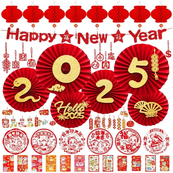 Chinese New Year Decorations 2025 Spring Festival Hanging Ornaments Paper Fans Red Lantern Happy New Year Banner Red Envelopes Chinese Fu Character Stickers for Lunar New Year...