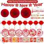 Chinese New Year Decorations 2025 Spring Festival Hanging Ornaments Paper Fans Red Lantern Happy New Year Banner Red Envelopes Chinese Fu Character Stickers for Lunar New Year...