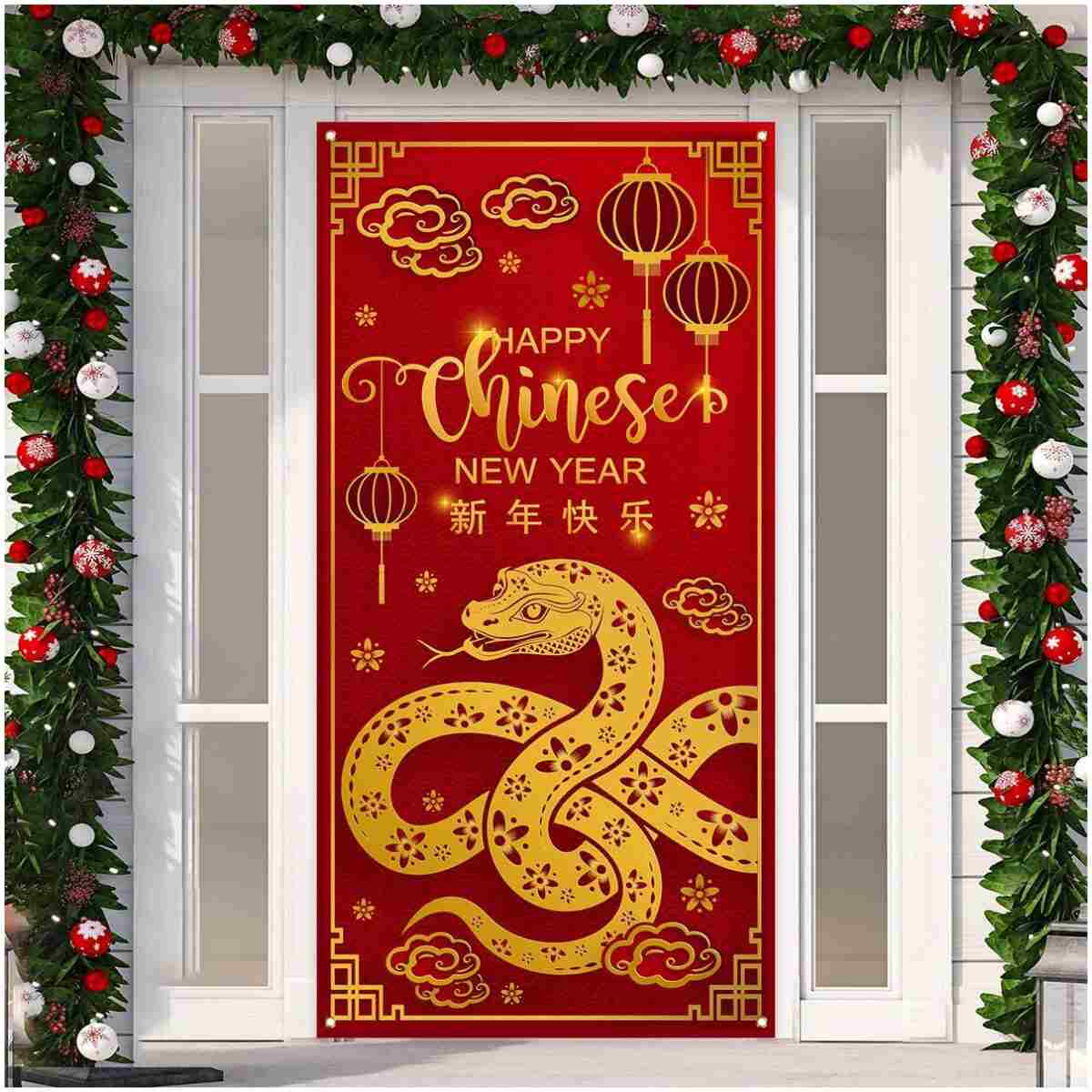 Chinese New Year Door Cover 2025 Year of The Snake Banner China Spring Festival Lunar New Year Decor Chinese New Year Decorations for Home Party