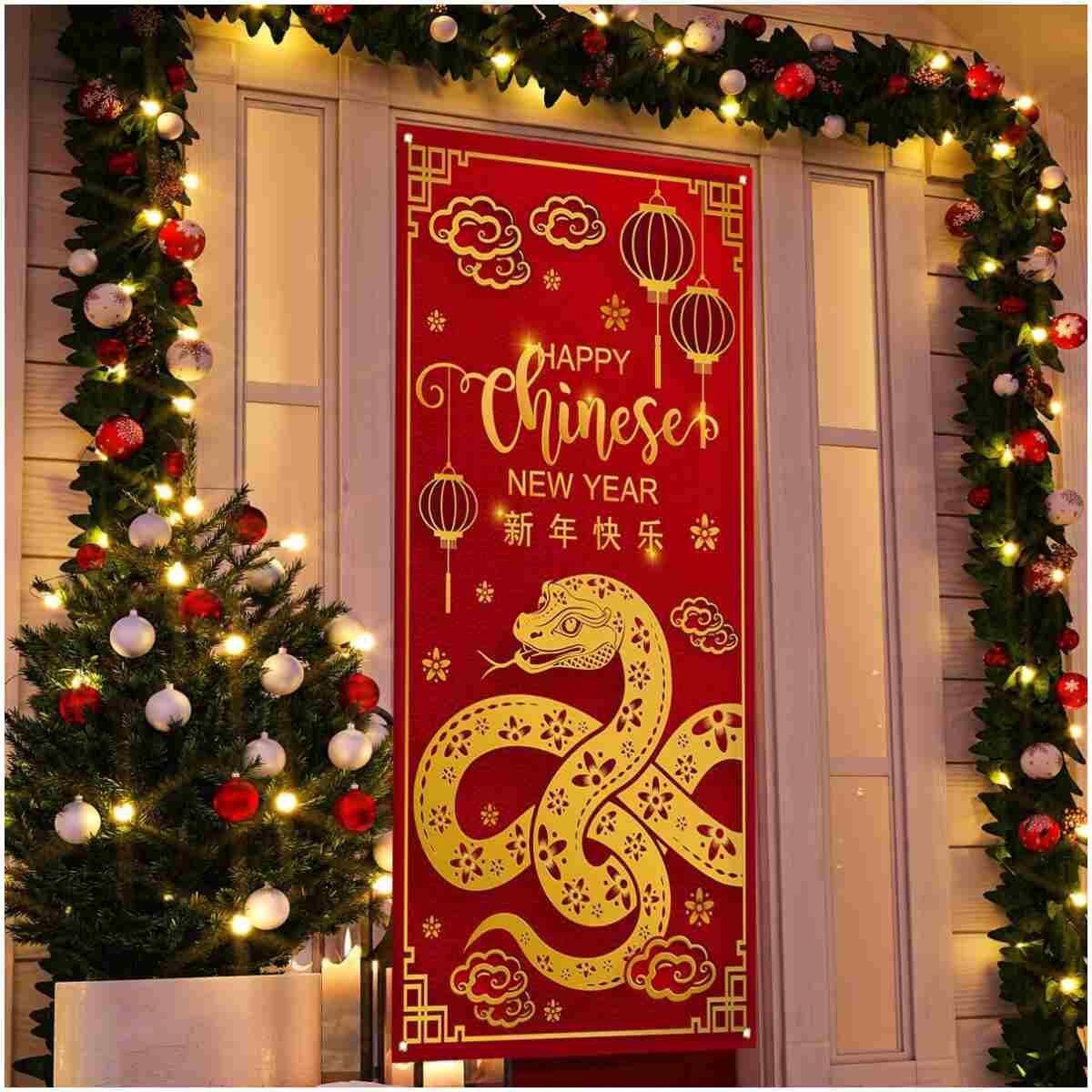 Chinese New Year Door Cover 2025 Year of The Snake Banner China Spring Festival Lunar New Year Decor Chinese New Year Decorations for Home Party