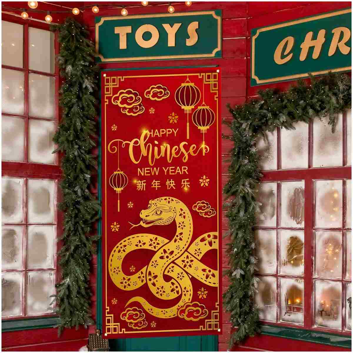Chinese New Year Door Cover 2025 Year of The Snake Banner China Spring Festival Lunar New Year Decor Chinese New Year Decorations for Home Party