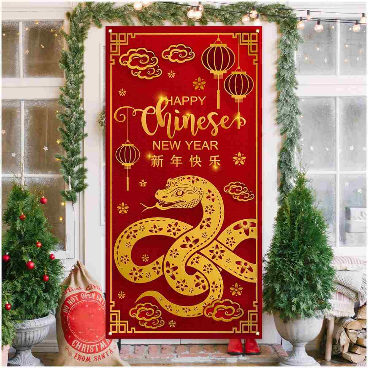 Chinese New Year Door Cover 2025 Year of The Snake Banner China Spring Festival Lunar New Year Decor Chinese New Year Decorations for Home Party