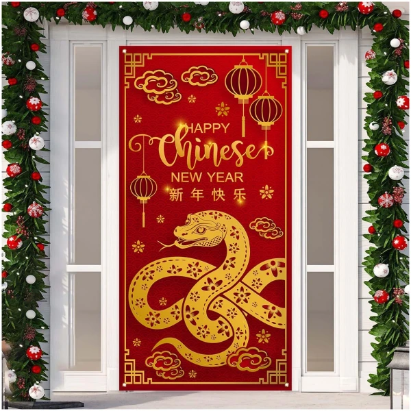 Chinese New Year Door Cover 2025 Year of The Snake Banner China Spring Festival Lunar New Year Decor Chinese New Year Decorations for Home Party