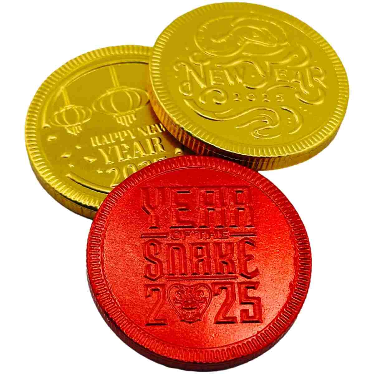 Foiled Again! 2025 Lunar New Year Chocolate Coins - Year of the Snake - Gold and Red Foil - Prosperity and Good Fortune Gift - Pure Belgian Chocolate Red Envelope Fill