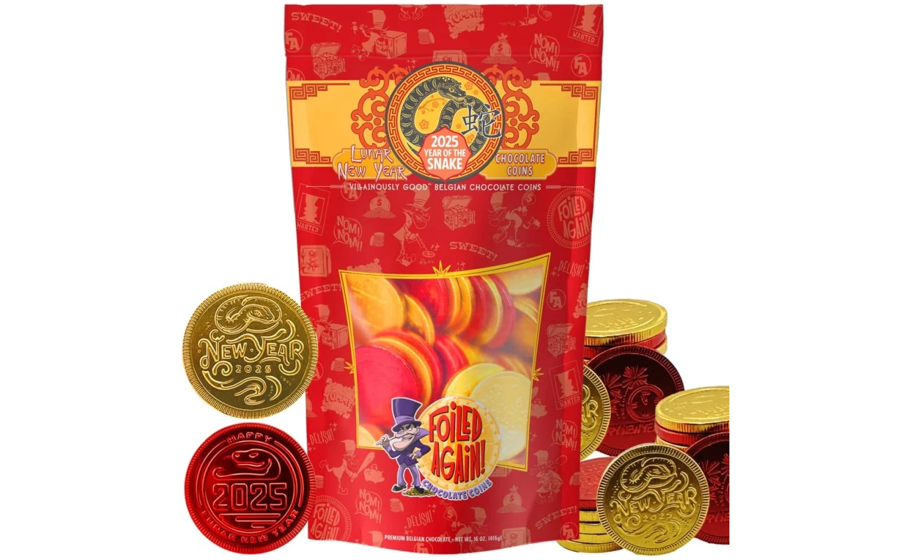 Foiled Again! 2025 Lunar New Year Chocolate Coins - Year of the Snake - Gold and Red Foil - Prosperity and Good Fortune Gift - Pure Belgian Chocolate Red Envelope Fill