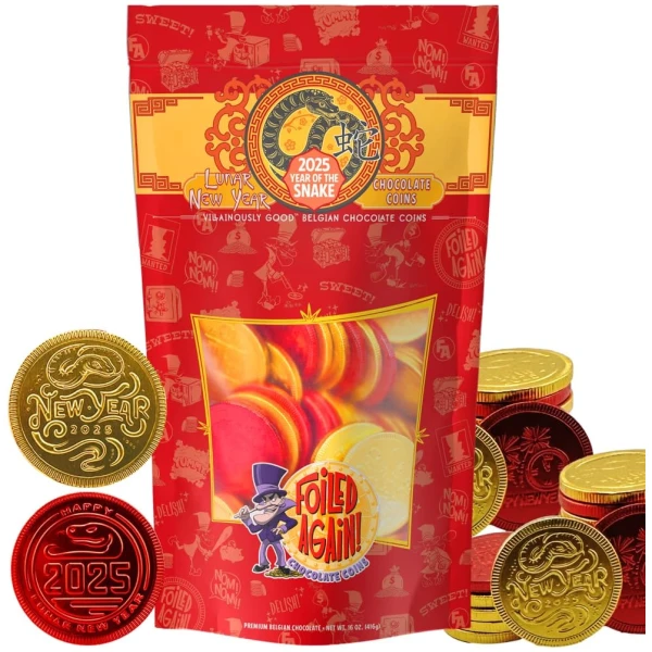 Foiled Again! 2025 Lunar New Year Chocolate Coins - Year of the Snake - Gold and Red Foil - Prosperity and Good Fortune Gift - Pure Belgian Chocolate Red Envelope Fill