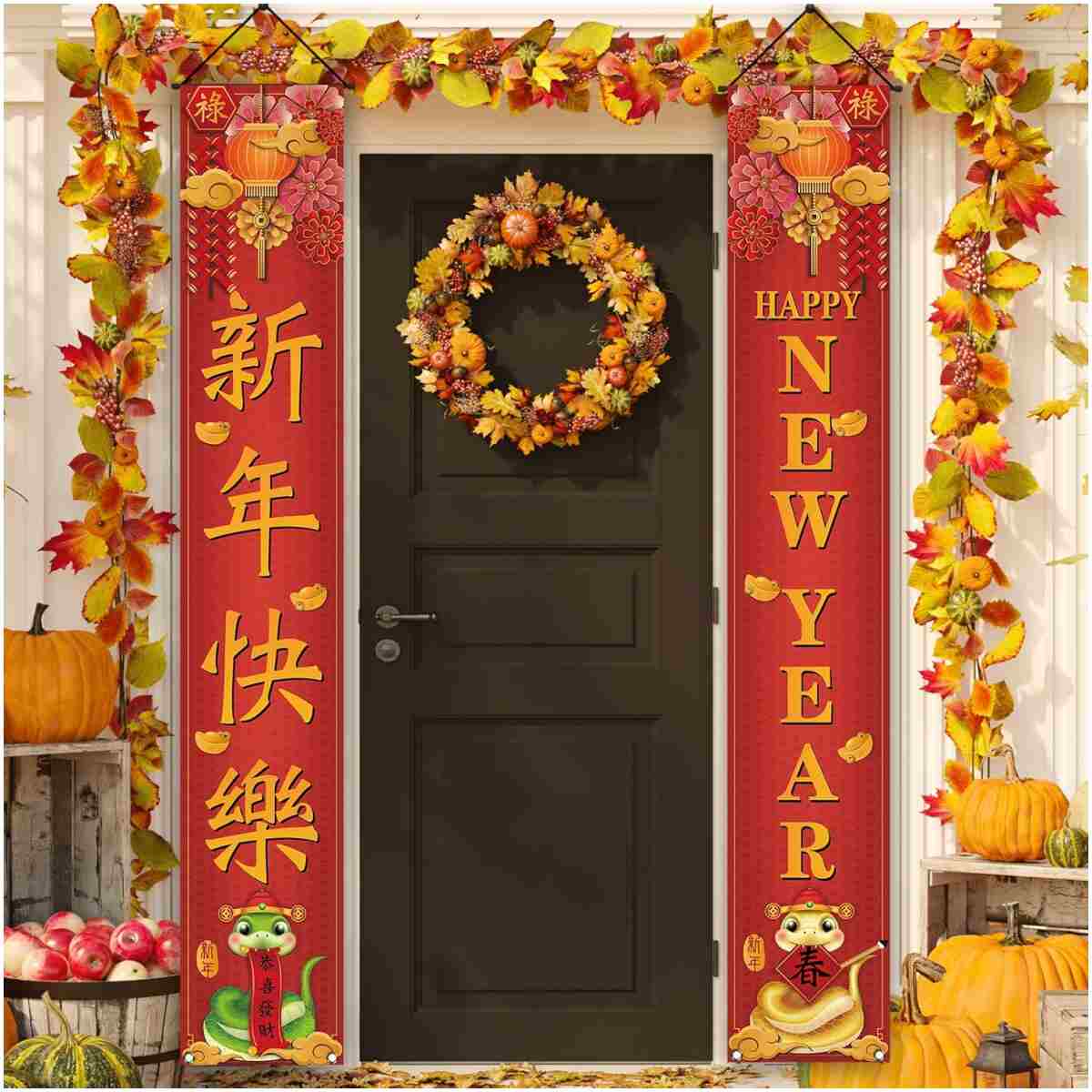 Happy Chinese New Year 2025 Banner Year of The Snake Front Porch Welcome Sign Asian Chinese New Year Party Decorations-12×71''