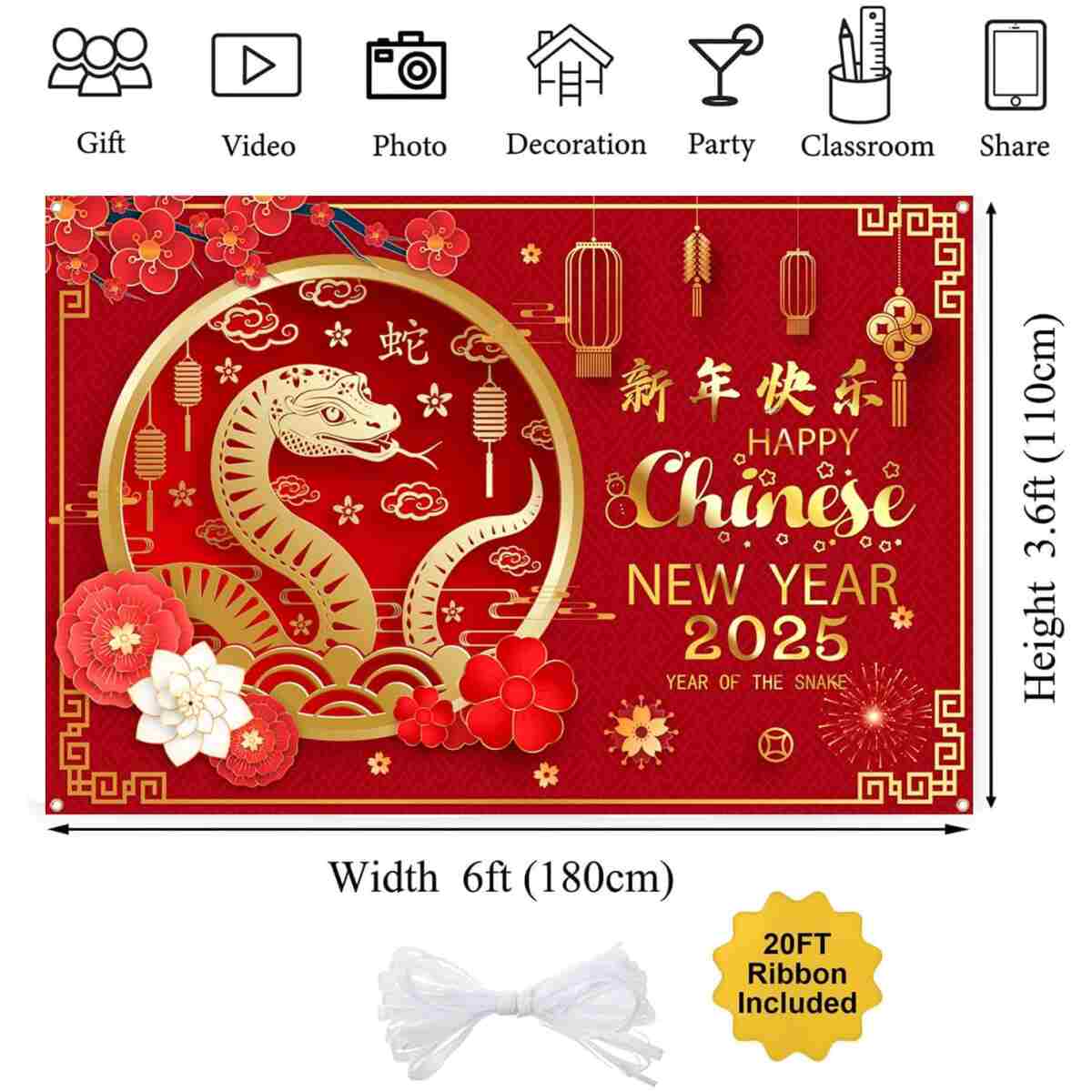 Happy Chinese New Year Banner 2025 Chinese New Year Decorations, Year of The Snake Lunar New Year Decorations, Chinese New Year Backdrop 2025 Chinese Spring Festival Decorations