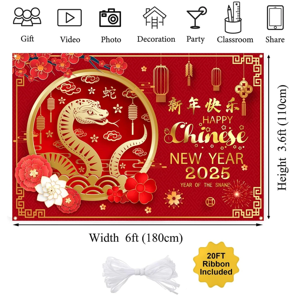 Happy Chinese New Year Banner 2025 Chinese New Year Decorations, Year of The Snake Lunar New Year Decorations, Chinese New Year Backdrop 2025 Chinese Spring Festival Decorations