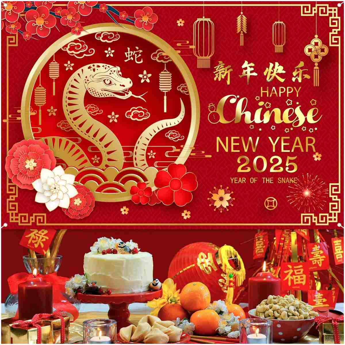 Happy Chinese New Year Banner 2025 Chinese New Year Decorations, Year of The Snake Lunar New Year Decorations, Chinese New Year Backdrop 2025 Chinese Spring Festival Decorations