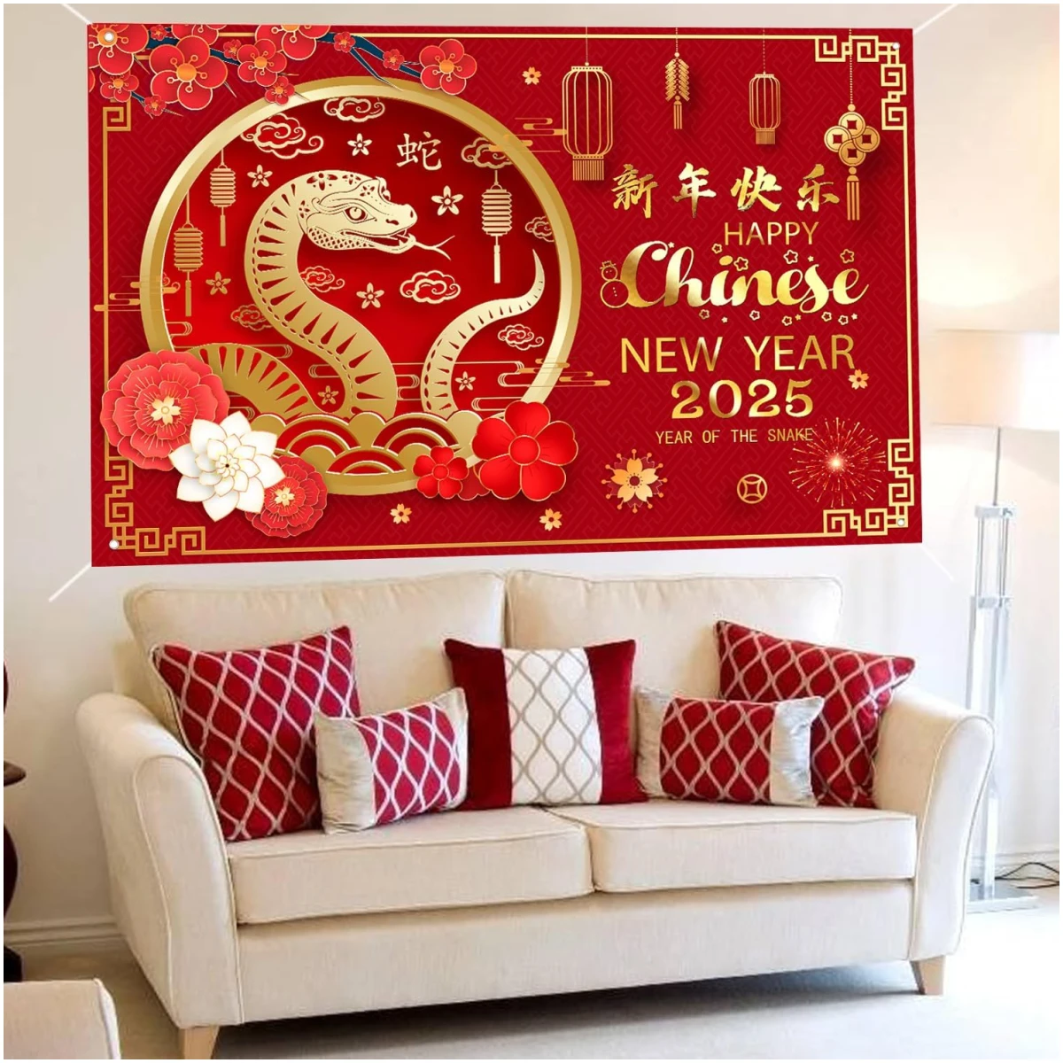 Happy Chinese New Year Banner 2025 Chinese New Year Decorations, Year of The Snake Lunar New Year Decorations, Chinese New Year Backdrop 2025 Chinese Spring Festival Decorations