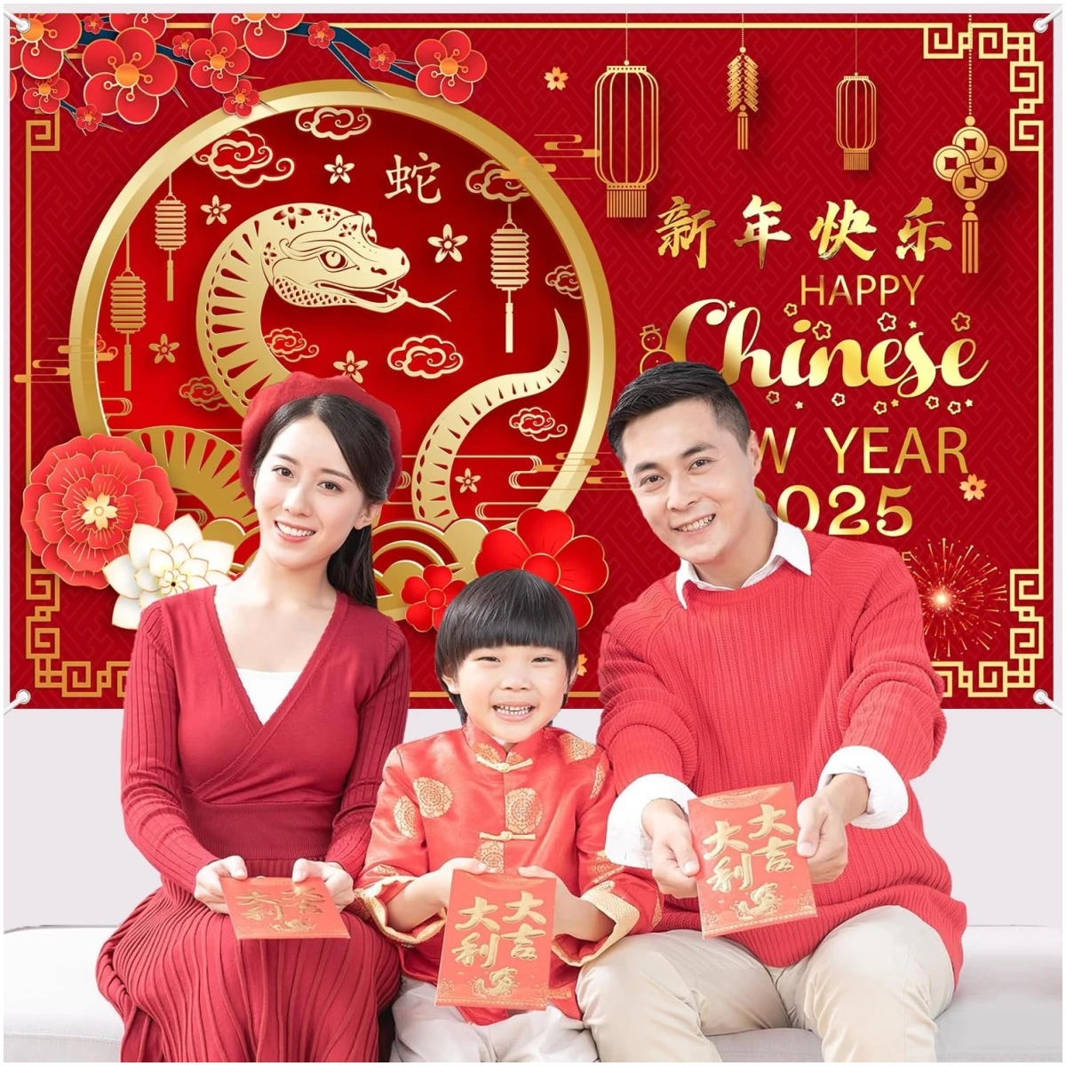 Happy Chinese New Year Banner 2025 Chinese New Year Decorations, Year of The Snake Lunar New Year Decorations, Chinese New Year Backdrop 2025 Chinese Spring Festival Decorations