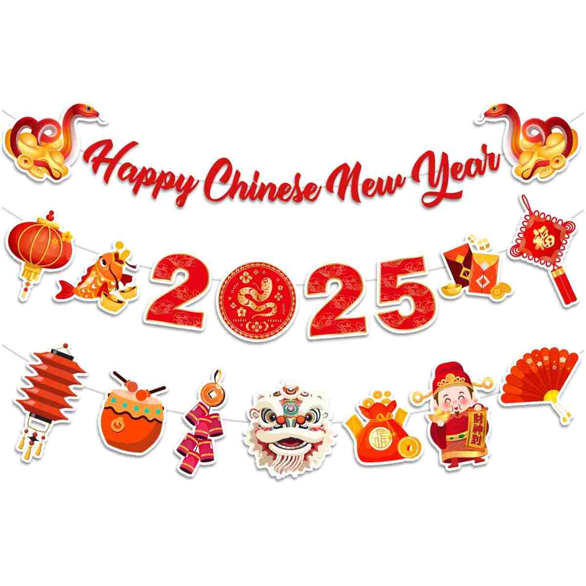 Happy Chinese New Year Banner- 3 Pcs 2025 Lunar New Year Banners, 2025 Chinese New Year Party Supplies, Year of The Snake Hanging Wall Decor for New Year Eve Party Photo...