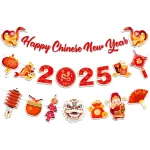 Happy Chinese New Year Banner- 3 Pcs 2025 Lunar New Year Banners, 2025 Chinese New Year Party Supplies, Year of The Snake Hanging Wall Decor for New Year Eve Party Photo...